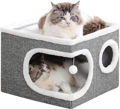 Cat Houses for Indoor Cats, Large Covered Cat Cave Beds & Furniture with Scratch Pad and Fluffy Ball,Foldable Cat Hideaway for Kitten,16X16X13 Inches, Grey1