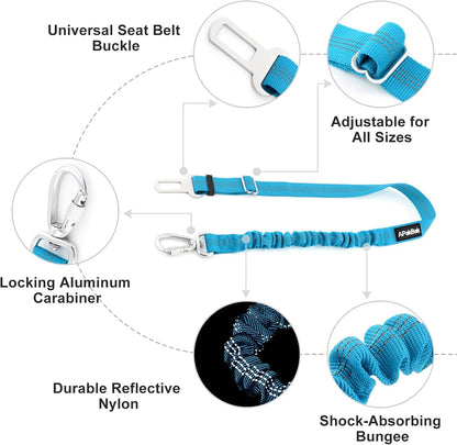 Dog Seat Belt for Car, Car Harness with Locking Aluminum Hook | Adjustable Reflective Nylon Seatbelt with Elastic Bungee, Travel Safety Restraint, for Small Medium Large Dogs, Light Blue9