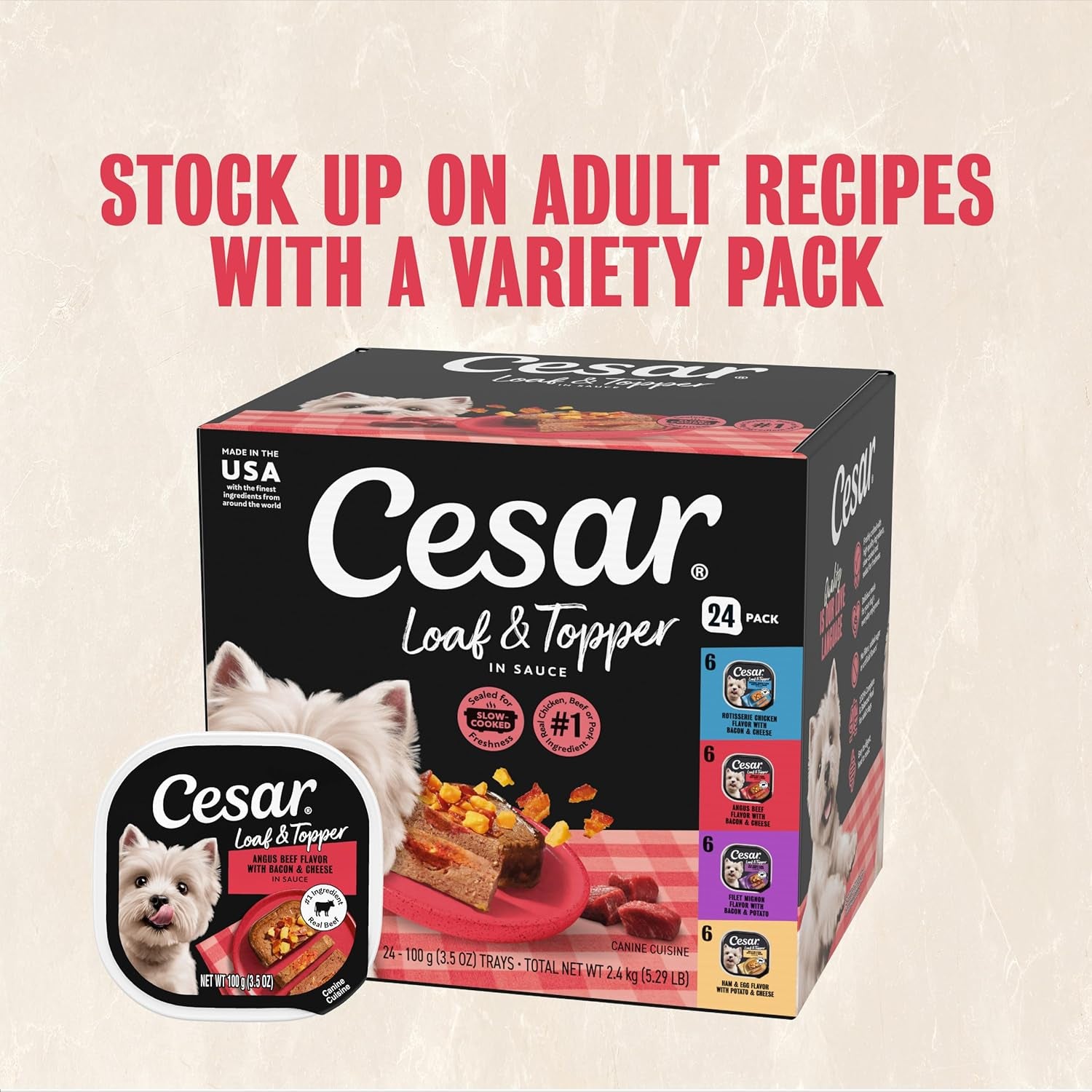 cesar-loaf-topper-wet-dog-food-variety-pack-3-5-oz-24-count-real-meat-1-ingredient-no-fillers-or-artificial-flavors-easy-to-digest-slow-cooked-tender-texture-easy-peel-trays