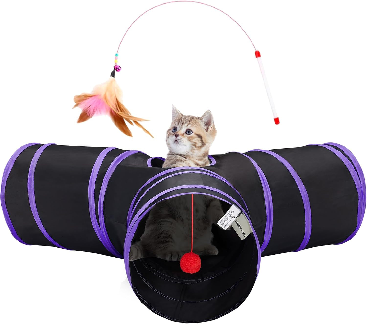 tempcore-pet-cat-tunnel-tube-toys-3-way-collapsible-tunnels-for-indoor-cats-interactive-tube-with-teaser-wand-peek-holes-hanging-ball-black-blue
