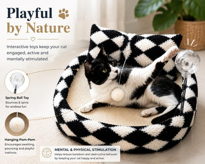 Furso Cat Bed Scratcher Lounge for Indoor Cats – Sisal Scratch Pad with Spring Treat Ball, Plush Pillow & Play Toy | Diamond Design | Protects Furniture5