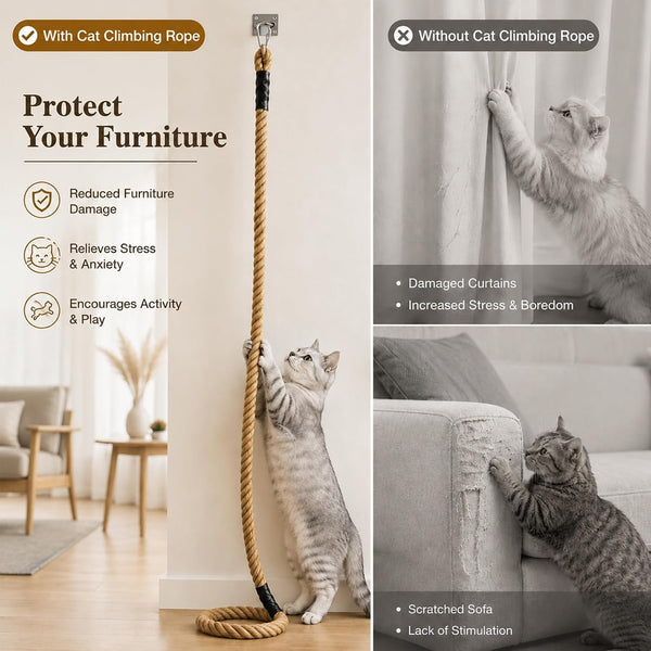 1.38" X 6.56Ft Cat Climbing Rope for Ceiling & Wall Mounted,Cat Climbing Sisal Rope Furniture Pole Scratching Post for Indoor and Outdoor Cats Scratching Playing2