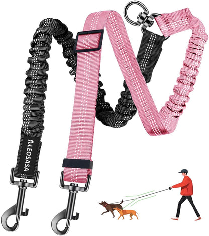 Double Dog Leash - 360°Swivel Tangle Free Splitter Attachment, 2 Dogs Multi-Functional Leashes, Dual Rope for Outdoor Walk Train Small Medium Large Two Pet, Pink1
