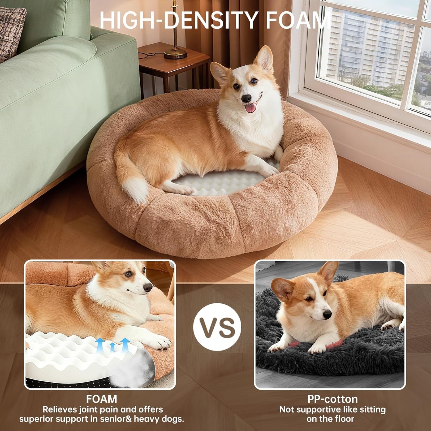 ohgeni-31-inches-calming-donut-orthopedic-dog-cat-bed-for-medium-pets-warming-comfort-fluffy-short-pile-fur-durable-waterproof-machine-washable-removable-cover-cute-round-bed-for-puppy-camel
