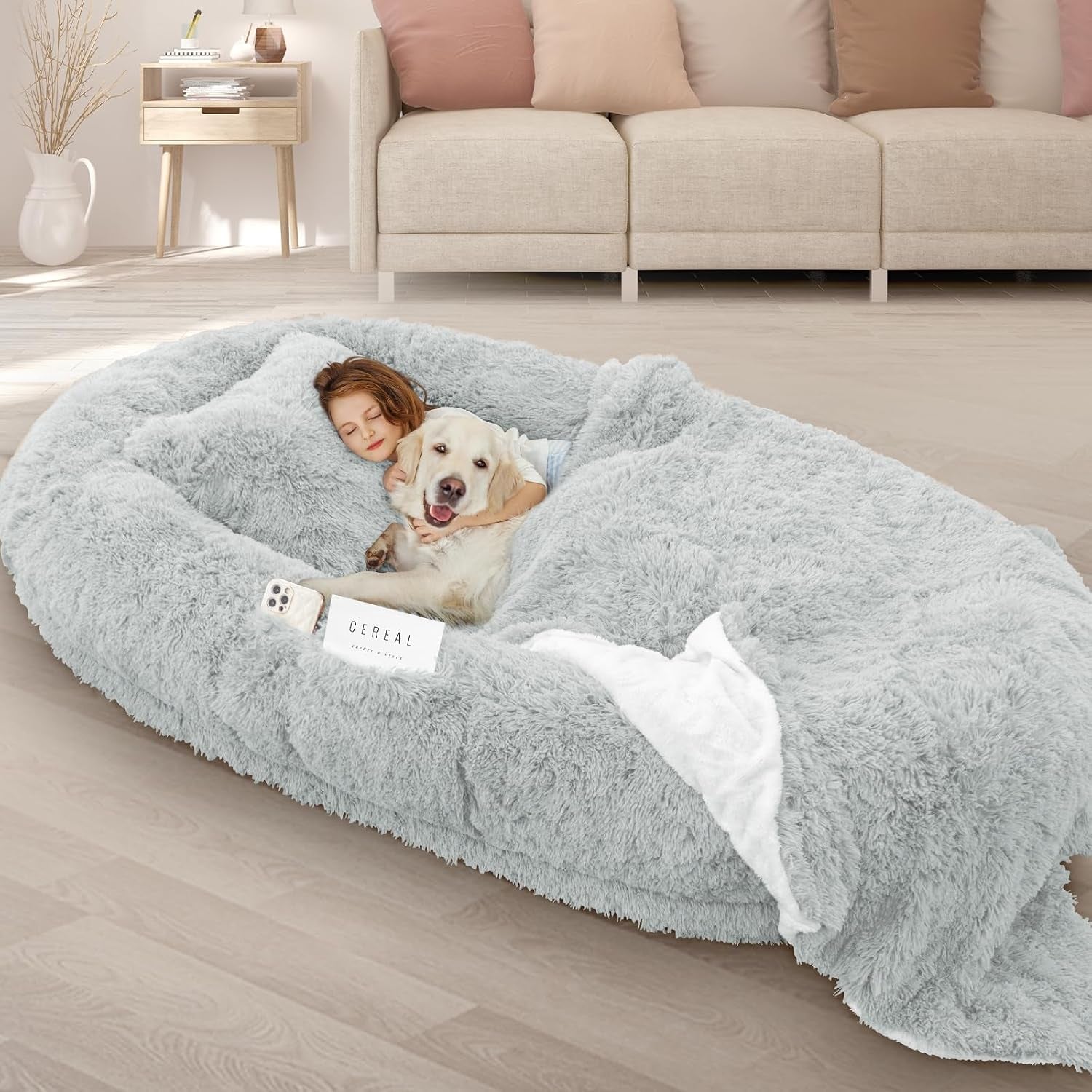 roomtec-human-dog-bed-71x45x12-size-fits-adult-and-pet-washable-giant-people-bed-10-cm-thick-memory-foam-large-oversize-pet-bed-with-plump-pillow-blanket-strap-grey