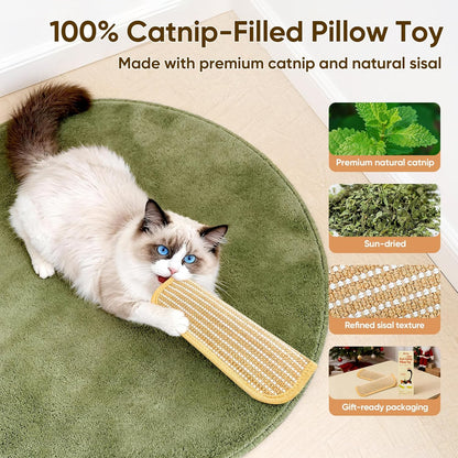 Sisal Catnip Pillow Toy Kickers, 2 Pack Interactive Catnip Toys with Organic 8000Mg Herbal Blend for Indoor Scratching, Chewing & Teething, Fun for Kittens and Adult Cats3
