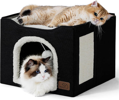 Bedsure Cat House Bed for Indoor Cats with Fluffy Ball and Scratch Pad,Grey | 16.5X16.5X13 In,Large Cat Cave for Multiple Pets,Foldable Cat Hideway Cube for Sleeping Kitten23