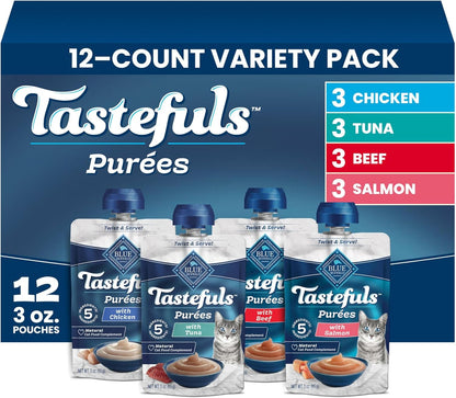 Blue Buffalo Tastefuls Purées Variety Pack Wet Cat Food Complement (Salmon, Chicken, Tuna, Beef) Made with Natural Ingredients, for All Life Stages, 3-Oz. Resealable Pouches (12 Count)1