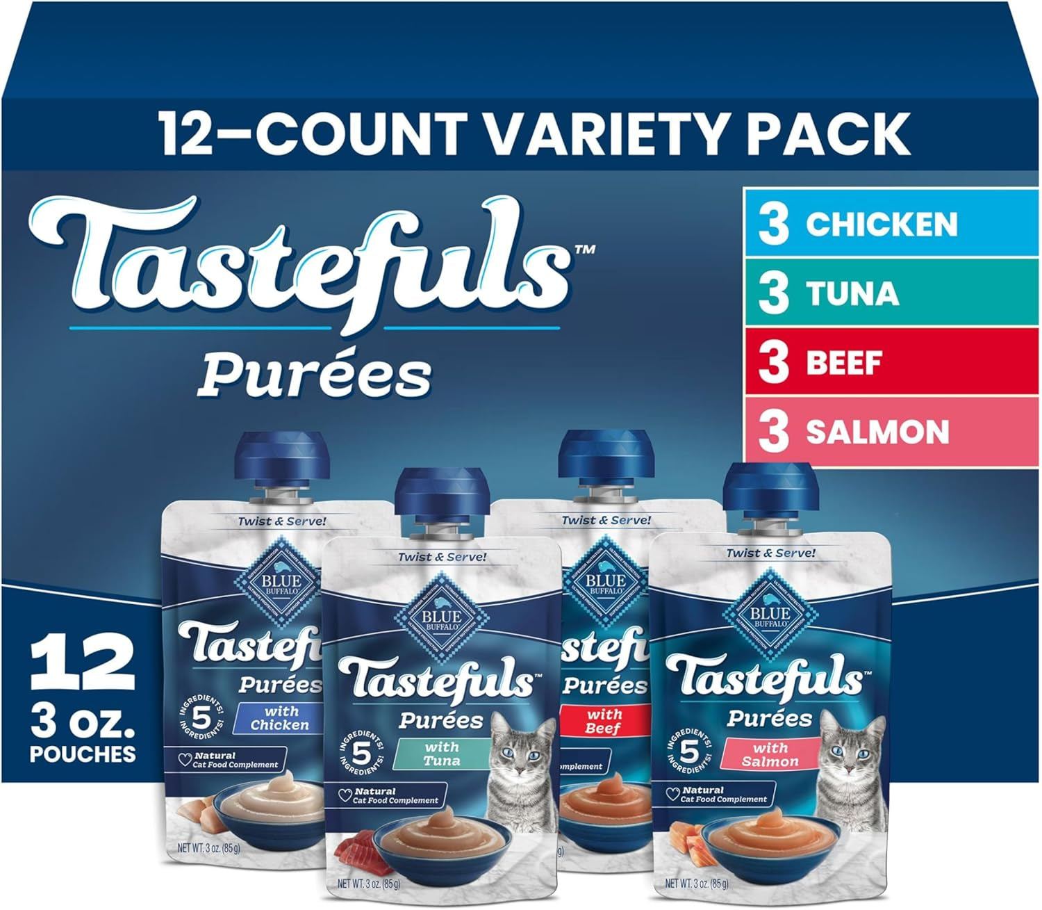 blue-buffalo-tastefuls-purees-variety-pack-cat-food-topper-3-oz-12-ct-chicken-tuna-beef-just-5-ingredients-resealable-twist-cap-pouches