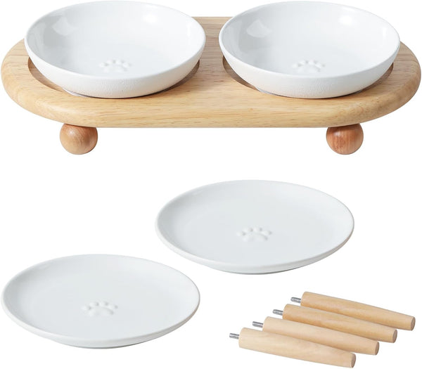 Havniva Elevated Cat Bowls, Cat Food and Water Bowl Set, Ceramic Cat Bowl | Raised Cat Food Bowls, Whisker Friendly, 5.6” Shallow Cat Dishes + 6” Wide Cat Plates, Non-Slip Wood Stand, Two Heights16