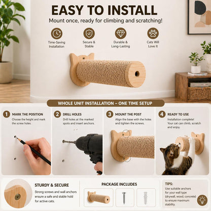 Sisal Rope Wall Mounted Cat Scratching Post - 11 In, for Indoor Cats Climbing & Scratching, 2-Post Integrated Set7