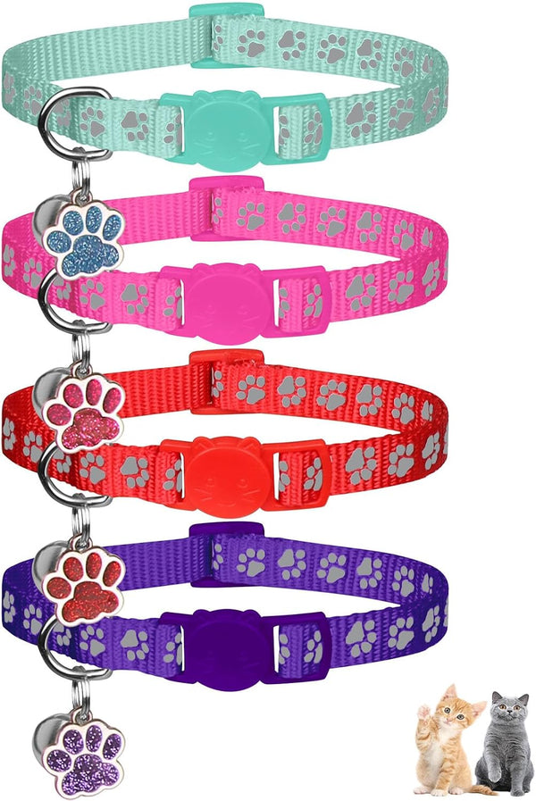 4PCS Breakaway Cat Collars,Reflective Cat Collar with Bells,Kitten Collars for Boy&Girl Cats Breakaway Collar for Cats with Paw Pendant 6-9 Inch(Purple+Hotpink+Red+Teal)1