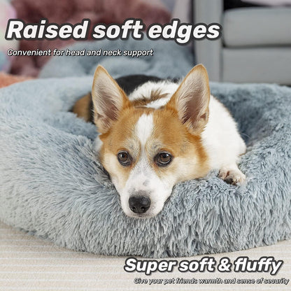 Anti Anxiety round Fluffy Plush Faux Fur Warm Washable Dog Bed & Cat Bed, Original Bed for Small Medium Large Pets,Used to Relieve Joints and Improve Sleep（20"/24"/27''） (24", Light Grey)3