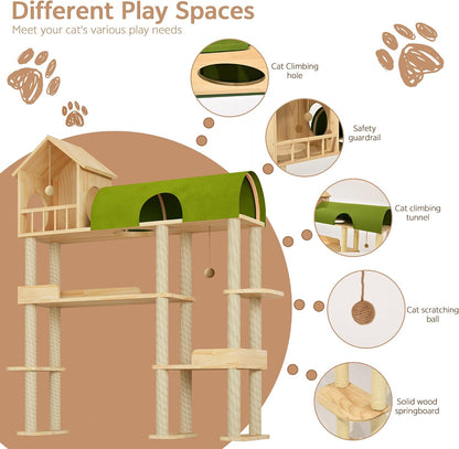 60'' Cat Tree for Automatic Litter Box, for Heavy Cats up to 22Lbs | Solid Wood Large Cat Tower with Tunnel & House, Space-Saving for Indoor Multi-Pet Households, Stops Furniture Scratching3