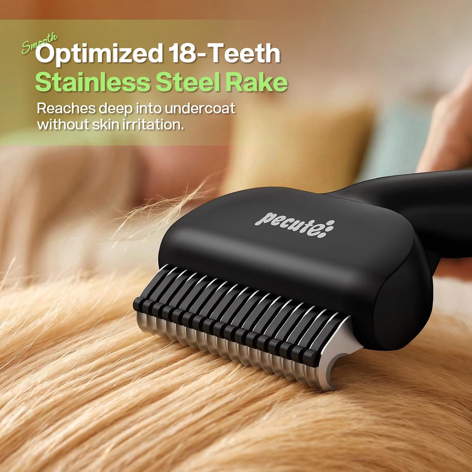 pecute-self-cleaning-undercoat-rake-for-dogs-cats-with-thick-double-coats-1-click-clean-304ss-18-rounded-teeth-for-seasonal-heavy-shedding-matting-gentle-on-pets-ideal-for-long-dense-coats