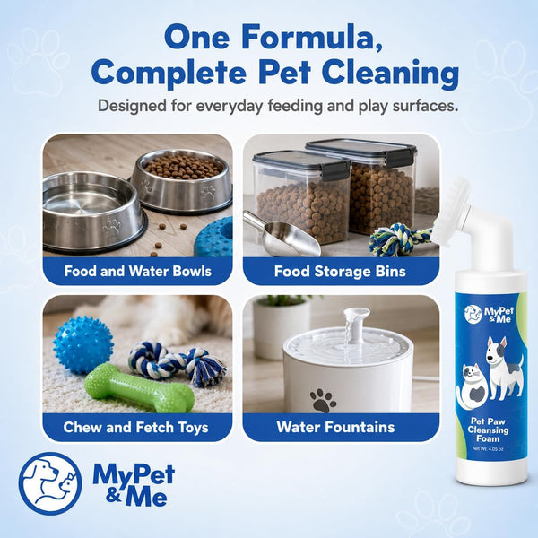 My Pet & Me Pet Bowl Cleaner Mousse with Built-In Scrub Brush, Foaming Dog & Cat Bowl Cleaner for Food & Water Dishes, Toys & Fountains, Removes Grease, Odor & Biofilm, Food-Grade, 4.05 Oz4