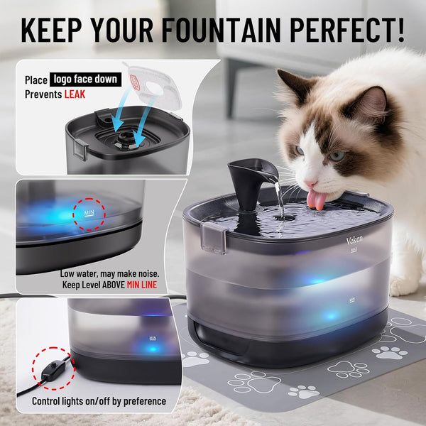Veken 85Oz/2.5L Cat Water Fountain with Detachable Tank & Secure Clips | Easy to Clean & Assemble, Quiet Operation & LED Light, Pet Drinking Dispenser, Gifts, Cats, Dogs and Small Pets, Black6