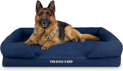 The Dog’S Bed Orthopedic Memory Foam Dog Bed with Bolsters for Large Dogs, High Density Support Mattress, Low Front Entry, Removable Washable Cover, Oxford Fabric, Blue with Dark Red Trim, Large29