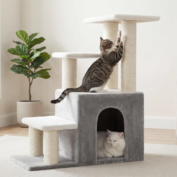 Heybly Cat Scratching Post, Pet Steps for Indoor Cats and Dogs, HSP002SWWH | Small Cat Tree with Cat Condo, Pet Stairs with Full Wrapped Sisal Posts & Soft Plush Fabric, Light Gray & White9