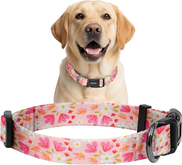 Kazazoo Dog Collar Cute and Soft Nylon Puppy Collar Girl Dogs, Adjustable Purple Dog Collars for Medium Dogs, Purple Flowers-M34
