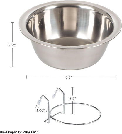 Set of 2 Stainless-Steel Dog Bowls - Cage, Kennel, and Crate Hanging Pet Bowls for Food and Water - 20Oz Each and Dishwasher Safe by Petmaker,Silver7