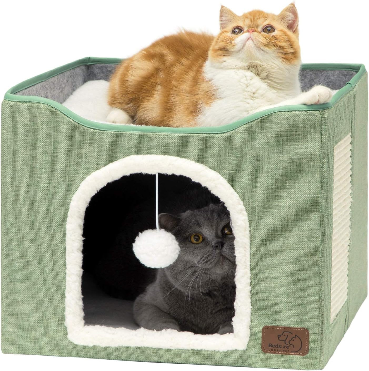 bedsure-cat-house-bed-for-indoor-cats-with-fluffy-ball-and-scratch-pad-grey-16-5x16-5x13-in-large-cat-cave-for-multiple-pets-foldable-cat-hideway-cube-for-sleeping-kitten