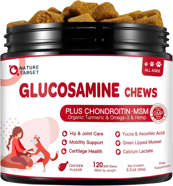 NATURE TARGET Glucosamine for Dogs, 120 Soft Chews, Chicken Flavor | Joint Supplement with Chondroitin, MSM, Omega-3,Hemp for Pain Relief, Hip & Joint Chews for Dogs with Calcium for Bone Health1