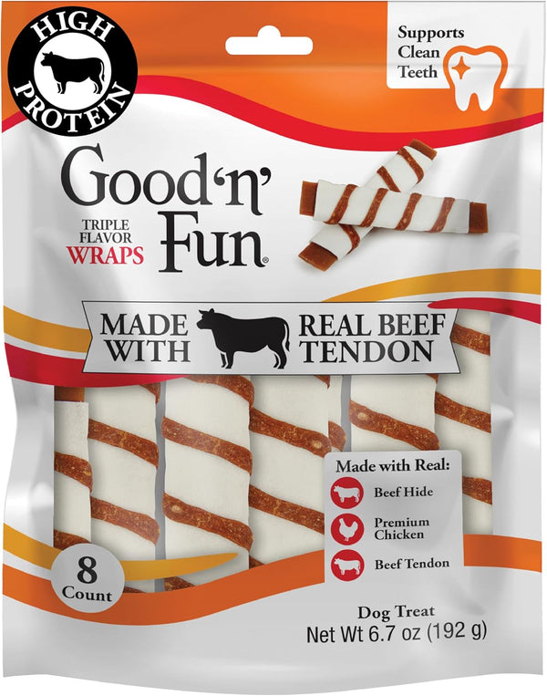 GOOD 'N' FUN Triple Flavor Wraps with Beef Tendon Chews, High-Protein Dog Treat for All Adult Dogs, Made with Real Beef Hide, Chicken & Beef Tendon, 8 Count1