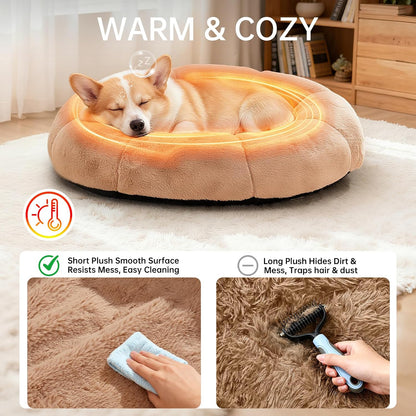 Ohgeni 31 Inches Calming Donut Orthopedic Dog & Cat Bed for Medium Pets, Warming Comfort Fluffy Short Pile Fur, Durable Waterproof Machine Washable Removable Cover, Cute round Bed for Puppy, Camel2