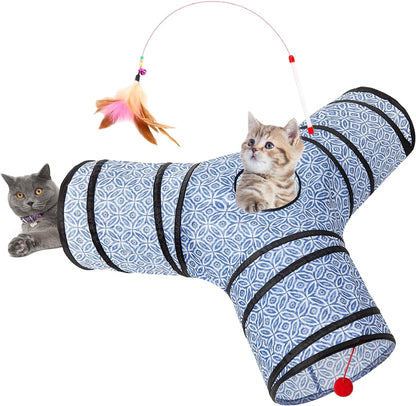 Tempcore Pet Cat Tunnel Tube Toys 3 Way Collapsible, Tunnels for Indoor Cats, Interactive Tube with Teaser Wand, Peek Holes & Hanging Ball, Black & Blue18