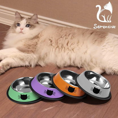 Serentive 2 Pcs Non-Slip Stainless Steel Small Cat Food Bowls - Unbreakable, Thicken 7 Oz Cat Dishes - Indoor, Removable Rubber Base, Easily Clean, Lovely Color7
