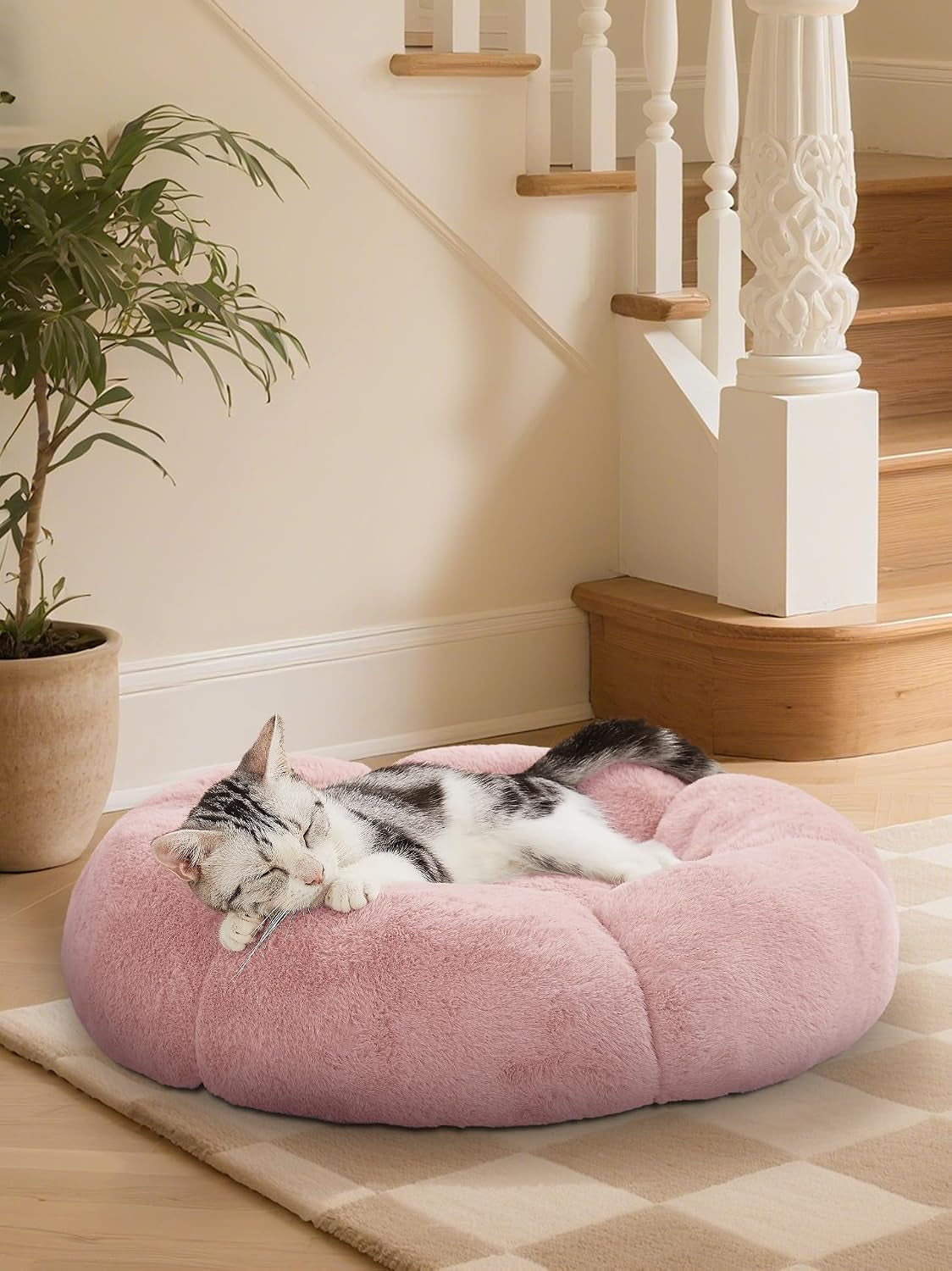 ohgeni-31-inches-calming-donut-orthopedic-dog-cat-bed-for-medium-pets-warming-comfort-fluffy-short-pile-fur-durable-waterproof-machine-washable-removable-cover-cute-round-bed-for-puppy-camel