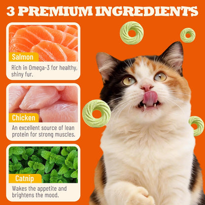 9 Oz Catnip Cat Treats with Vitamins, Teeth Cleaning & Training | All-Natural Chicken, Salmon, Catnip & Barley Grass. Crunchy Cleans Teeth, Freshens Breath. Helps Hairballs & Digestion.3