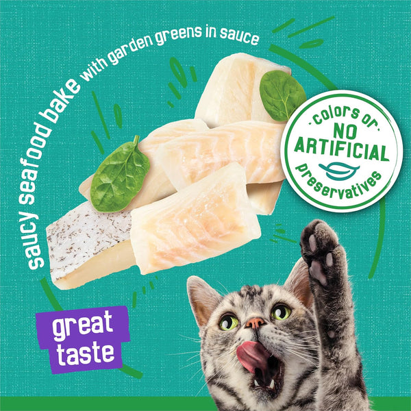 Purina Friskies Indoor Cat Food Meaty Bits Saucy Seafood Bake with Garden Greens in Sauce - (Pack of 24) 5.5 Oz. Cans4