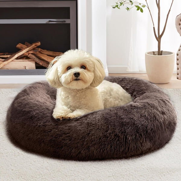 JOLLYVOGUE Small Dog Bed, Calming Dog Beds for Small Dogs & Indoor Cats - 20 Inches Donut Washable Cat Bed for Kittens & Puppies, round Fluffy Plush Faux Fur Pet Beds(Smoke Grey)46