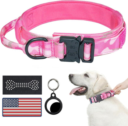 Hotsky Tactical Dog Collar and Leash Set, Heavy Duty Military Airtag Dog Collar with Handle and Metal Buckle for Training and Walking, with Airtag Holder and Two Patches (Pink Camo, M)13