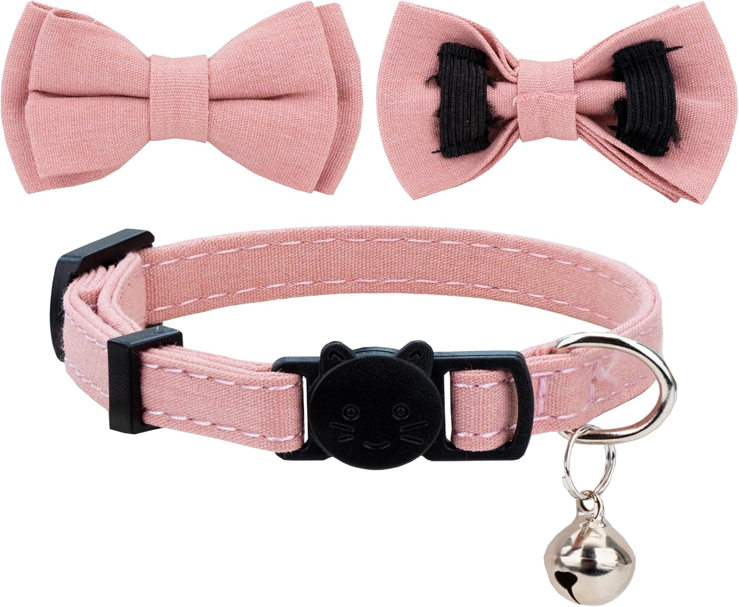 cat-collar-breakaway-bowtie-safety-with-bell-adjustbale-kitten-puppy-solid-plaid-color-set-d-2pcs-pink-2