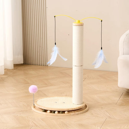 SHENGOCASE Cat Tree Scratching Post Scratcher, 26 Inch Tall, Solid Wood Base,Sisal Rope, Interactive Ball Track and Spinning Wand Feather Toys, Scratch Pad2
