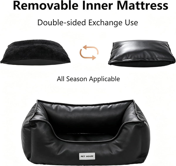 Marchul Faux Leather Dog Bed, Waterproof Cat Sofa Bed with Non-Slip Bottom | Leather Dog Bed, Washable Pet Couch for Small and Medium Dogs & Cats, 29.5 X 23.6In Black6