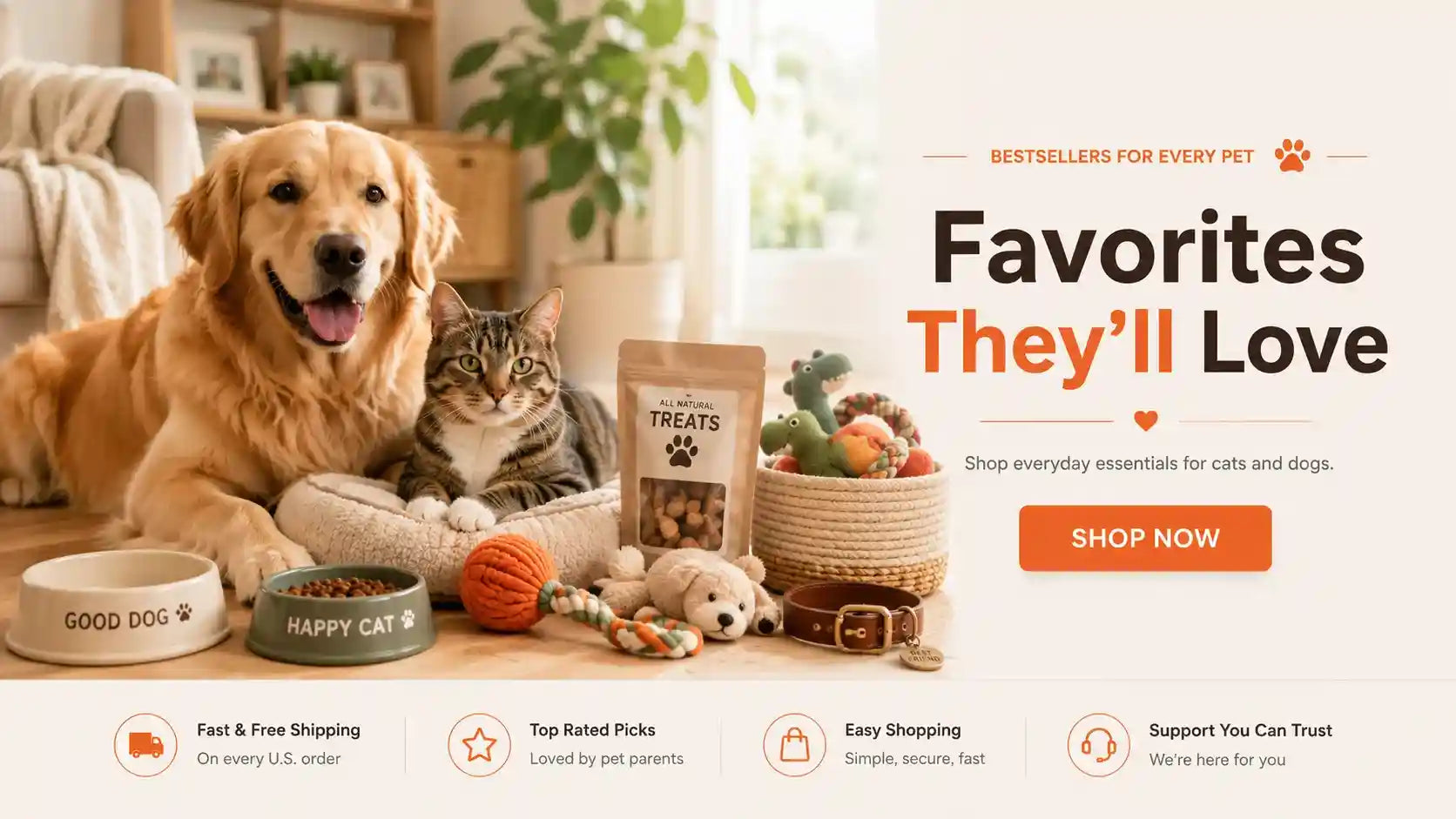 Golden retriever and tabby cat with pet bowls, toys, and treats for everyday essentials.