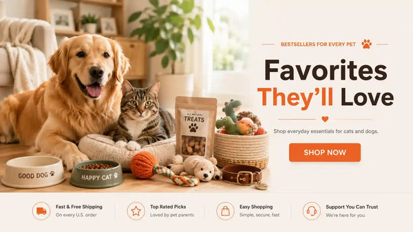 Golden retriever and tabby cat with pet bowls, toys, and treats for everyday essentials.