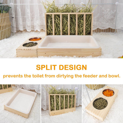BESNEW 3 in 1 Rabbit Hay Feeder with Litter Box,Wooden Hay Feeder with 2 Bowls & Litter Box for Guinea Pig Chinchilla Bunny Other Small Animals,Large Capacity & Preventing Waste4