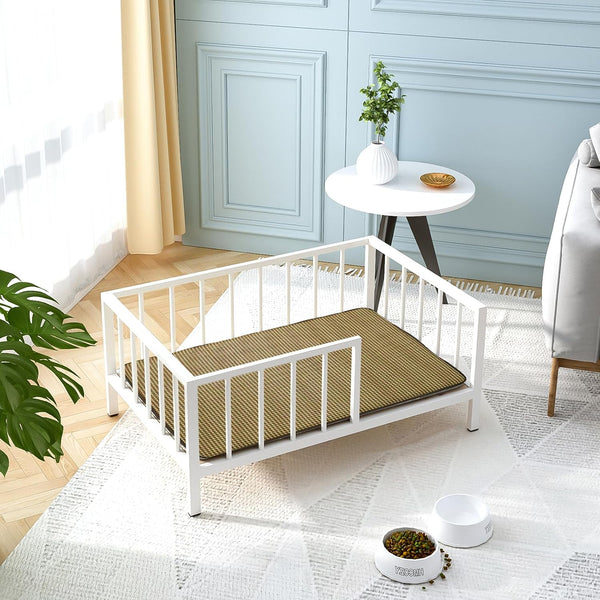 OSCHF Dog Bed with Rails - Elevated Pet Metal Bed Frame with Solid Wood Board and Washable Soft Mat for Medium Dog Indoor or Outdoor Use, 25.2" X 37.8", White5