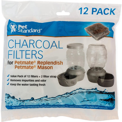 PET Standard Charcoal Filters for Petmate Replendish & Mason, 12-Pack | Compatible with Petmate Replendish and Mason Gravity Waterers. Includes 12 Charcoal Filters and 2 Filter Straps.2