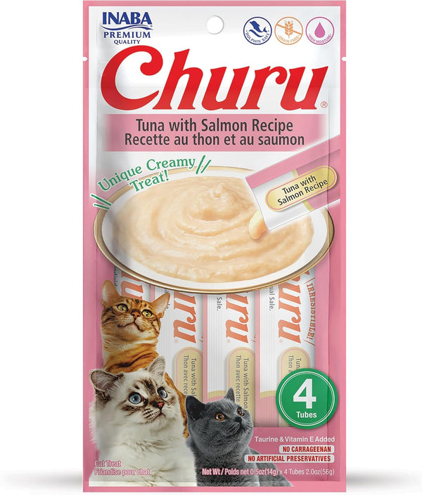 INABA Churu Cat Treats, Grain-Free, Lickable, Squeezable Creamy Purée Cat Treat/Topper with Vitamin E & Taurine, 0.5 Ounces Each Tube, 4 Tubes, Tuna with Salmon Recipe1