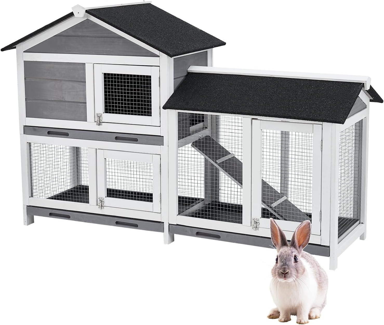 garvee-58-bunny-hutch-indoor-bunny-cage-with-3-removable-trays-wooden-waterproof-roof-rabbit-hutch-indoor-outdoor-2-tier-bunny-house-chicken-coop-gray-and-black