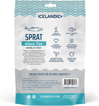 Icelandic+ Whole Sprat Cat Treats - 0.85 Oz Wild-Caught Crunchy Fish Snacks | Single Ingredient Air-Dried 2.5-3" Fish, High Protein & Omega-3 for Skin & Coat Health, No Additives or Fillers2