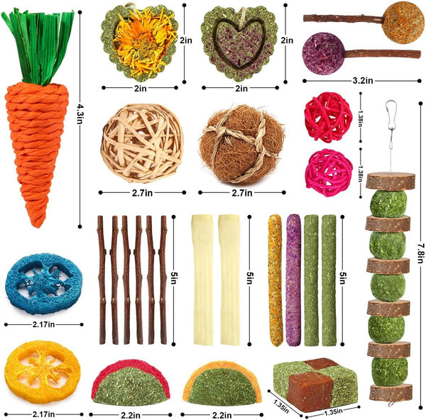 YIXUND Rabbit & Guinea Pig Toys - Natural Timothy Hay & Apple Wood Sticks for Teeth Care - Handmade for Hamster, Bunny, Chinchilla (27 Pcs)6