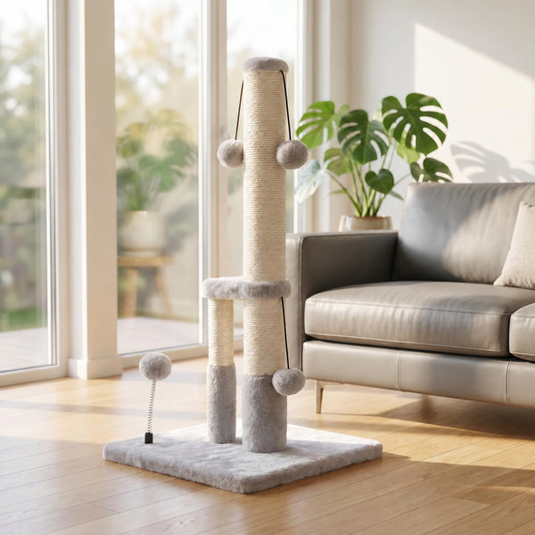 Dimaka Tall Cat Scratching Post, Double Lower Posts Extra Stable Cat Post Tree Scratcher with Sisal Rope and Teasing 4 Balls Total Large Base (Grey)6