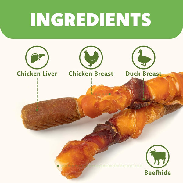 MON2SUN Dog Treats, 6 Inch Triple Flavor Wrapped Rawhide Rolls, 17.6 Oz | 10 Count Pack, Chicken Liver, Duck and Chicken Recipe, Teeth Cleaning Chews, Sized for Medium Dogs2